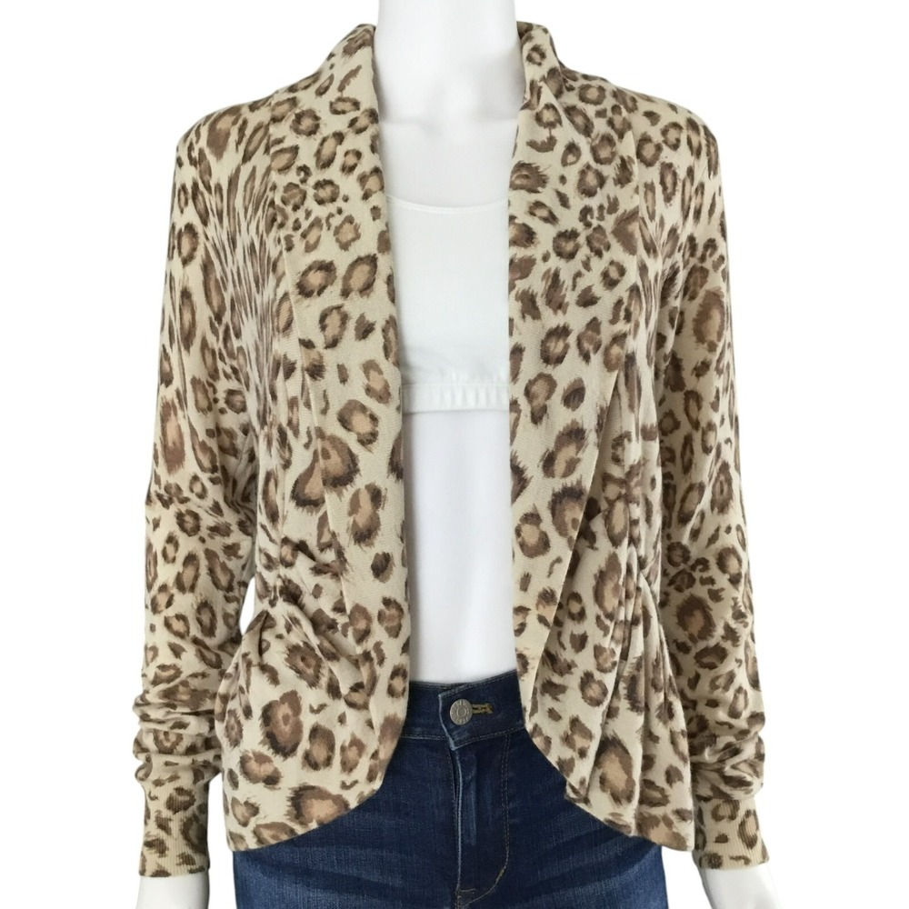 Rebecca Taylor Wool Blend Leopard Cardigan Sweater Size M Peplum Shawl Tan Brown